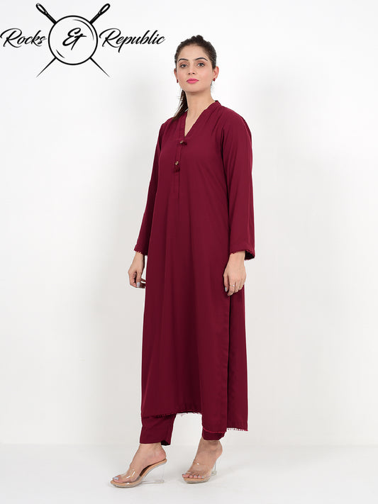 Vicous Crepe Solid Co-ord Set long (Maroon) - Rocks & Republic