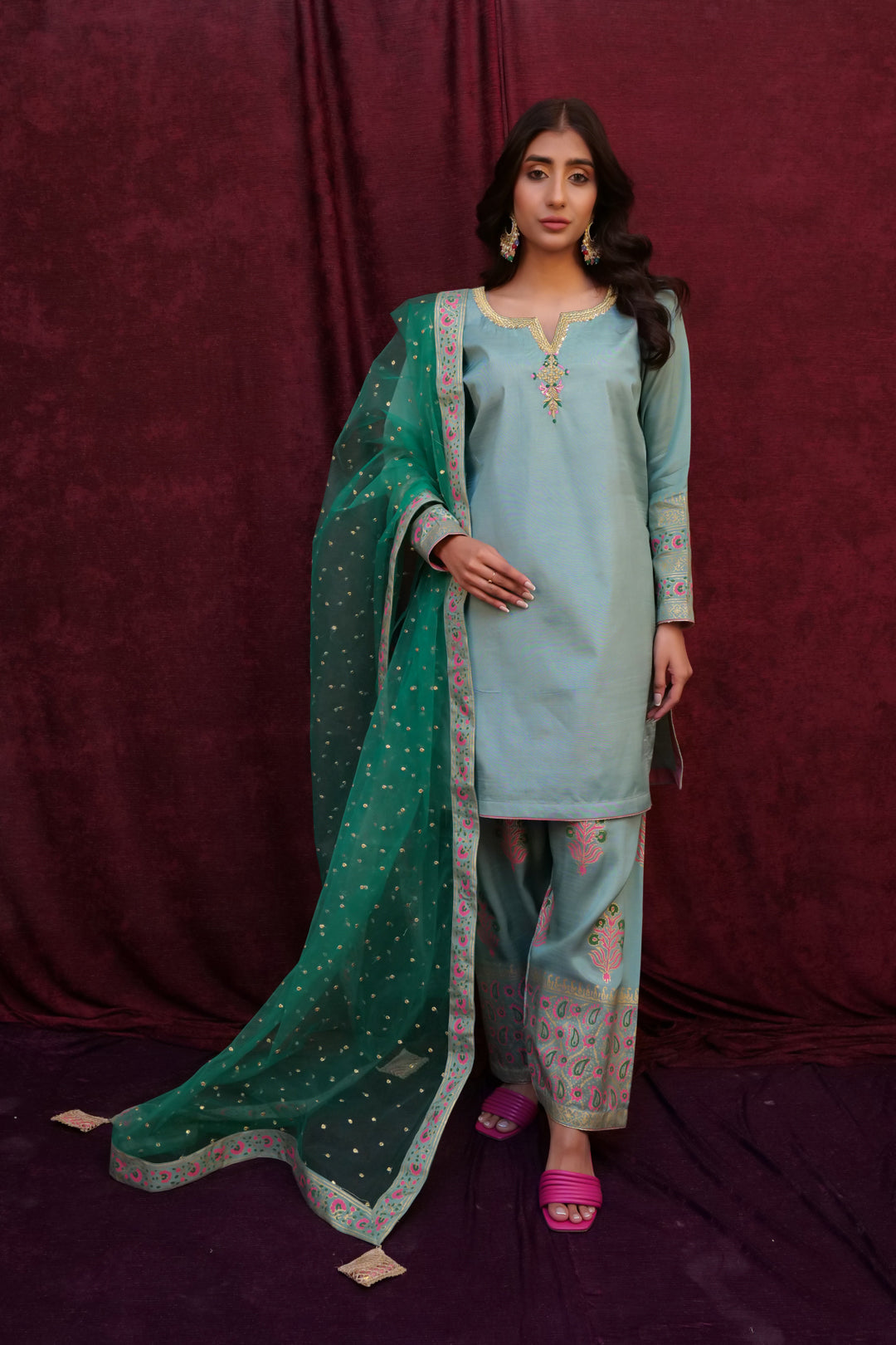 Chaap Tilak Farsi Shalwars Hand Blocked (Teal Green)