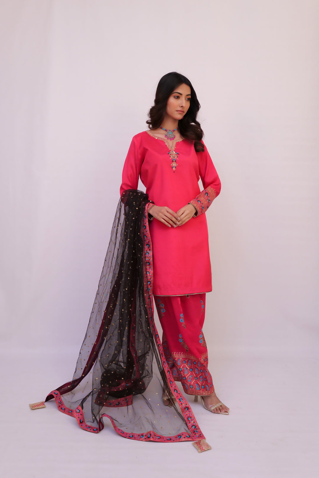 Chaap Tilak Farsi Shalwar Hand Blocked (Fushia Pink )