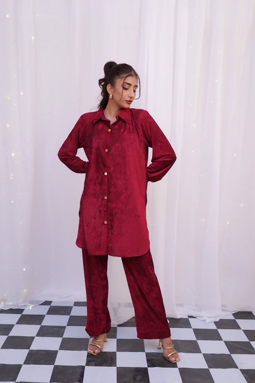 Makhmali Maroon Short Co-ord Set