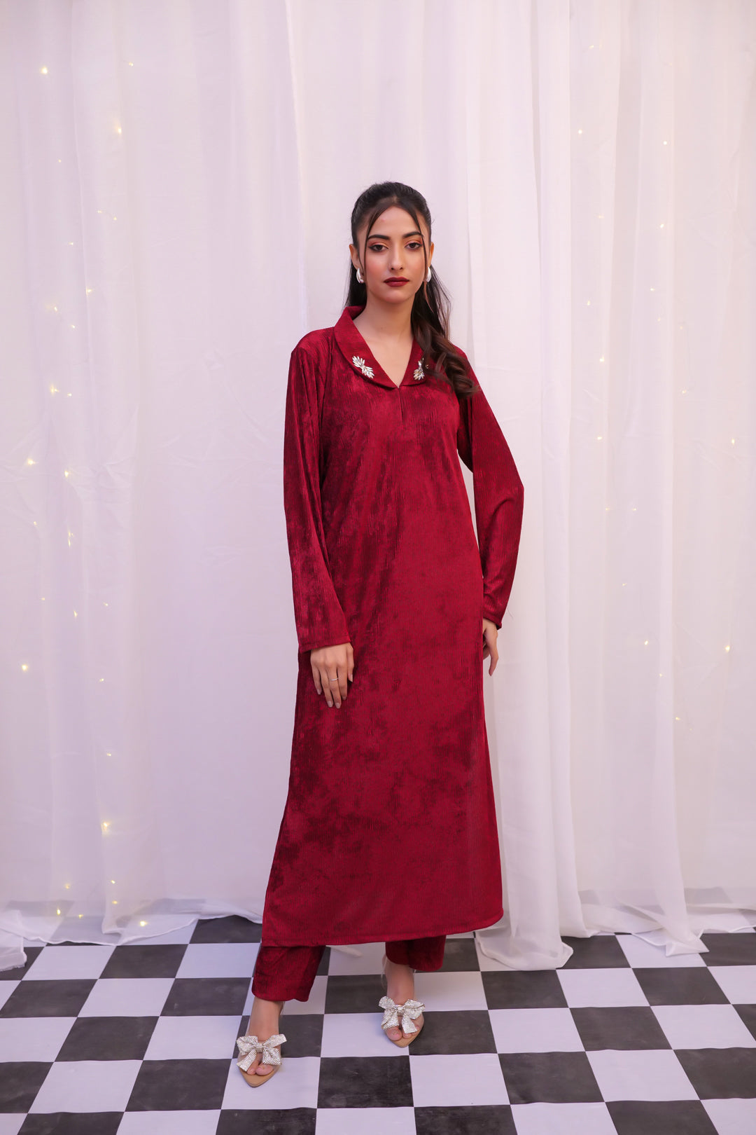 Makhmali Maroon long Co-ord Set