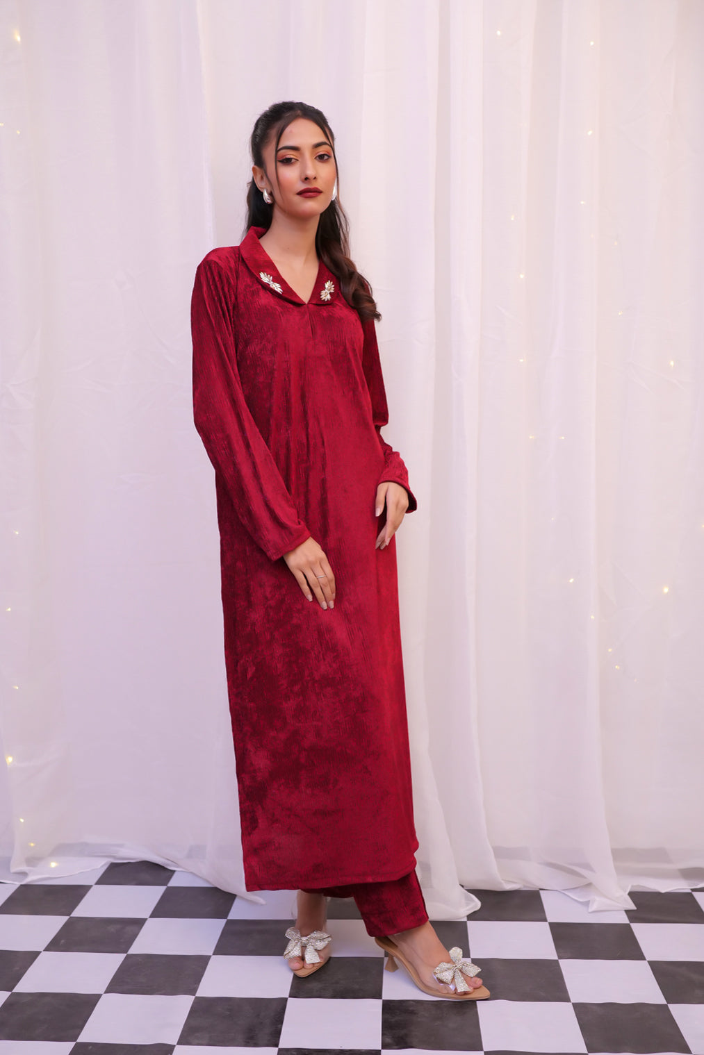 Makhmali Maroon long Co-ord Set