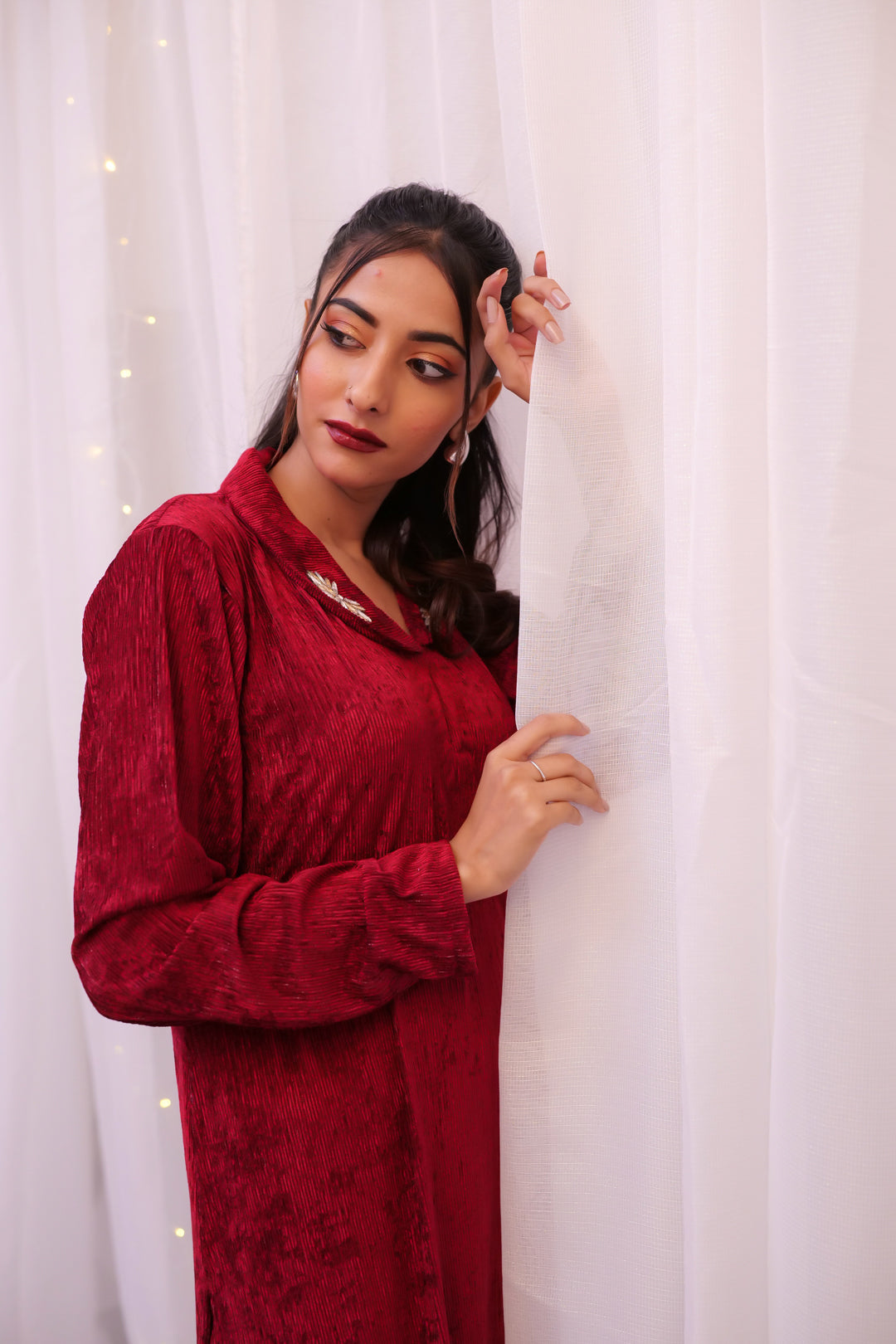 Makhmali Maroon long Co-ord Set