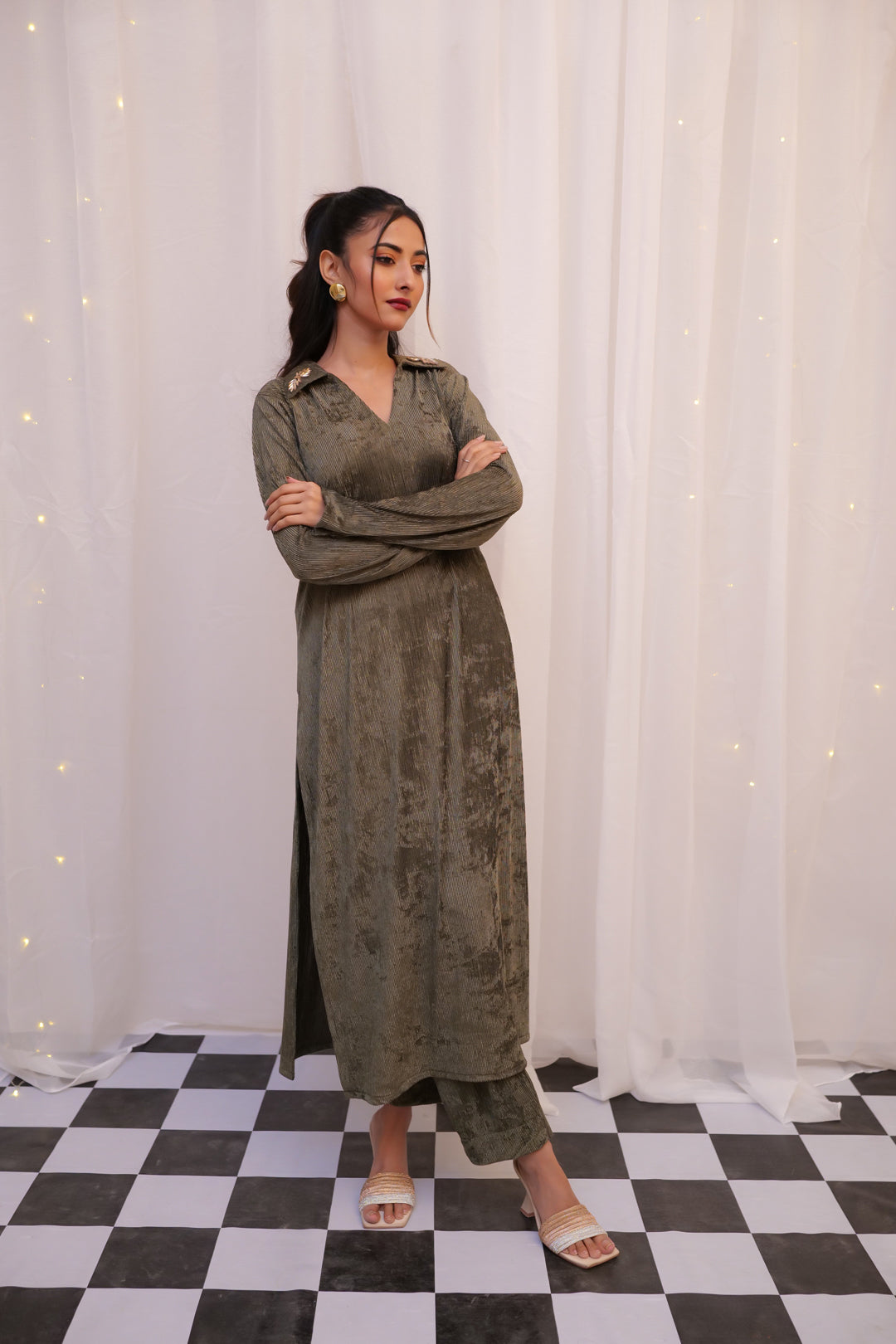 Makhmali Olive Green Long Co-ord Set