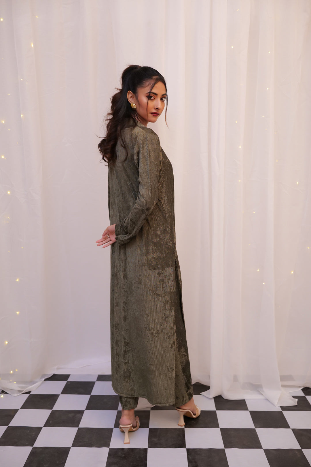 Makhmali Olive Green Long Co-ord Set