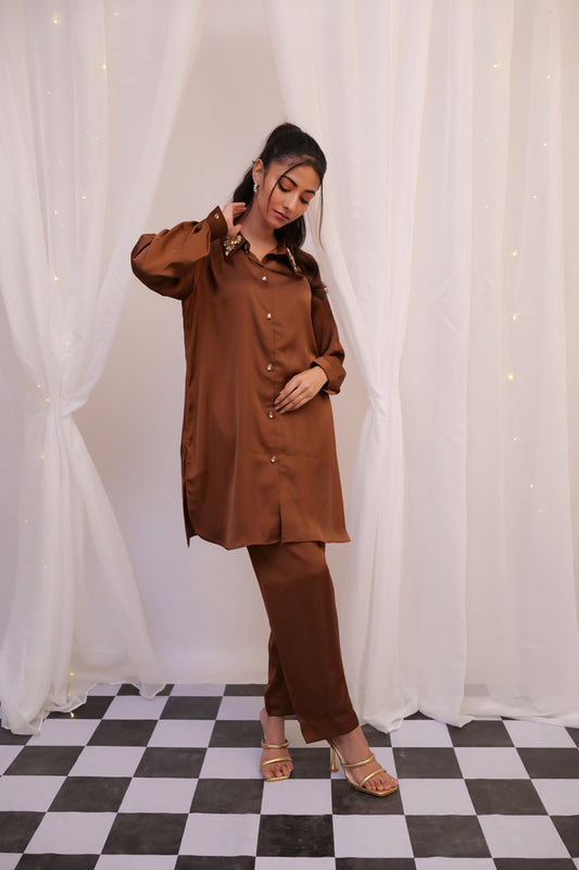 Sha-MUSE Silk Short Co-ord Set (Hazel Brown)